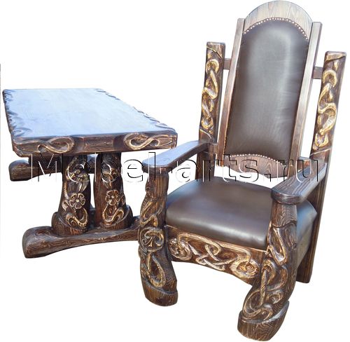 Стол и кресло из массива на заказ с красивыми резными орнаментами
